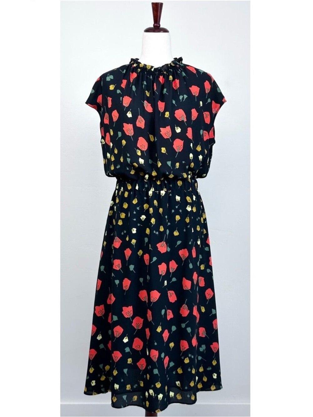 Banana Republic Autumnal Poppy Floral Cap Sleeve High Neck Midi Dress SIZE 12